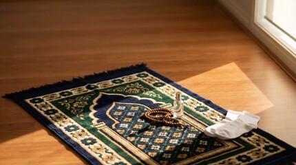 Naklejka premium Simple Islamic prayer set with green prayer rug and wooden beads in morning sunlight