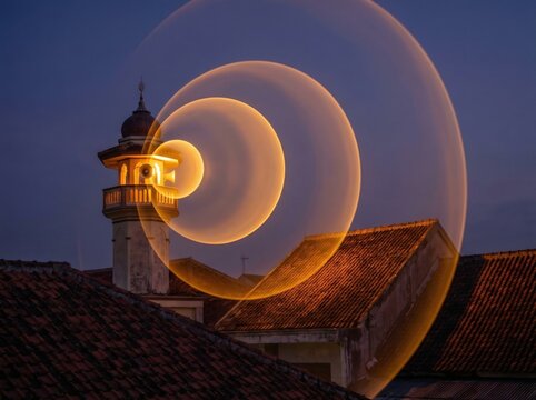 Conceptual glowing sound waves emitting from mosque minaret at twilight for azan concept