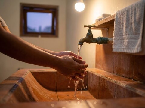 Close up hands performing ritual wudhu purification under water tap for faith concept