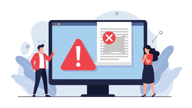 Concerned office workers looking at computer screen displaying error messages and system warning notifications for data loss.