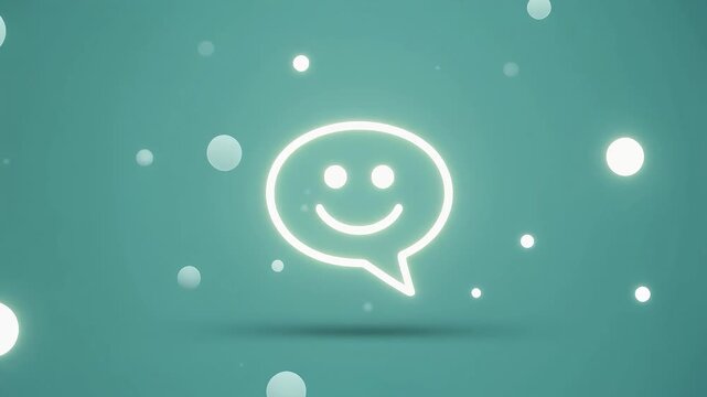 3d minimalist glowing speech bubble with smile icon rotating on soft teal background