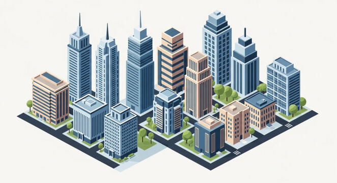 Isometric Cityscape with Diverse Modern Buildings and Skyscrapers.