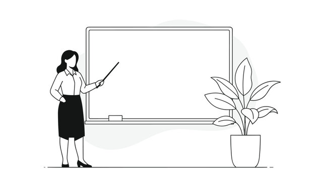 Professional teacher standing in front of a large blank chalkboard with a pointer ready for lesson or presentation.