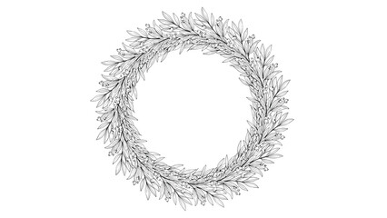 Fototapeta premium Hand drawn black and white decorative wreath made of leaves and branches for various creative frames or card designs.