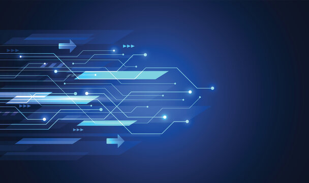 Abstract high speed data technology background with blue glowing circuit lines and arrows.
