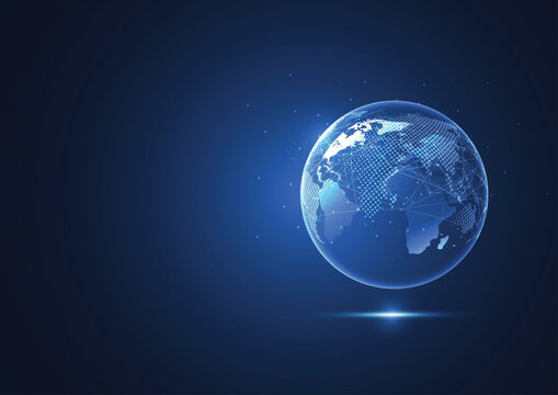 Global connectivity concept design. Futuristic digital earth sphere with glowing nodes and particles.