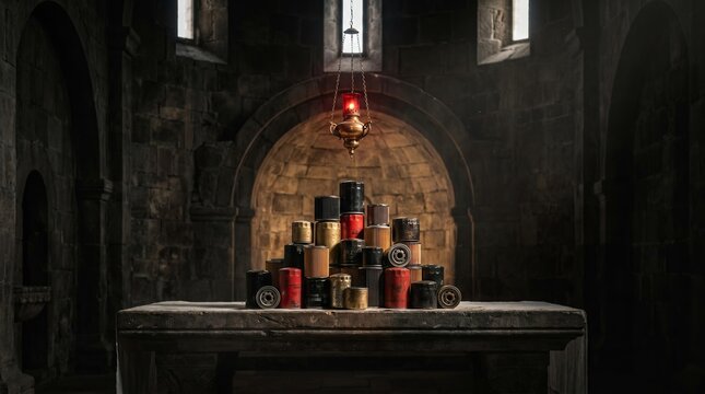 Industrial Worship: Pyramid of Oil Filters on Cathedral Altar