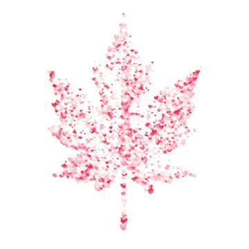 Vector abstract maple leaf shape formed by small heart confetti shapes pink red for love nature environment and autumn seasonal decoration concept