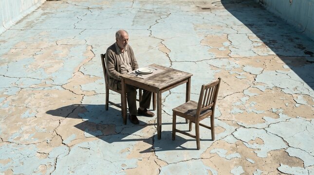 Loneliness in Old Age: Senior Man at Table in Abandoned Pool