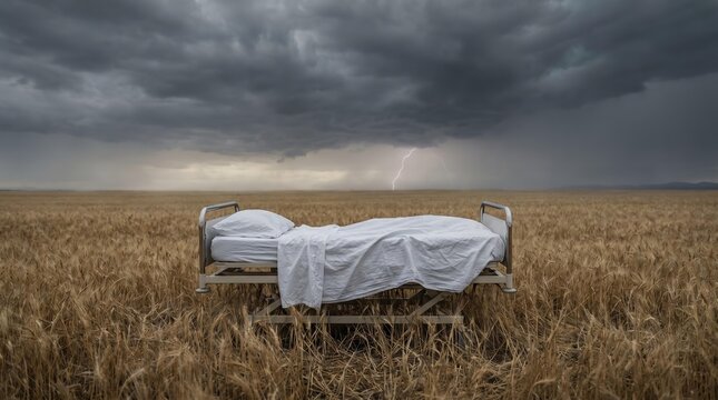 The Storm of Sickness: Hospital Bed Centered in Stormy Field