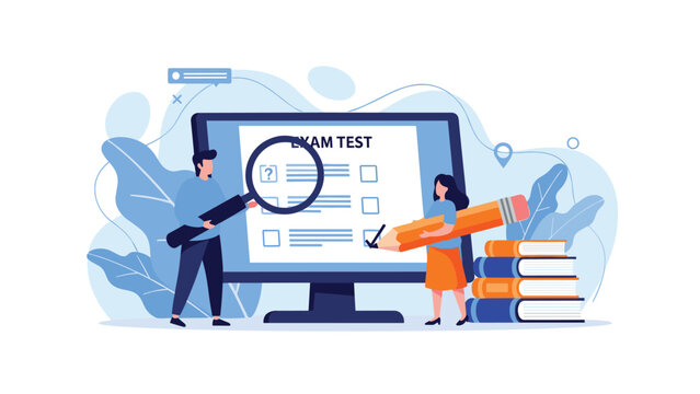 People participating in online exam test on computer screen with books and giant pencil for digital education and professional assessment.