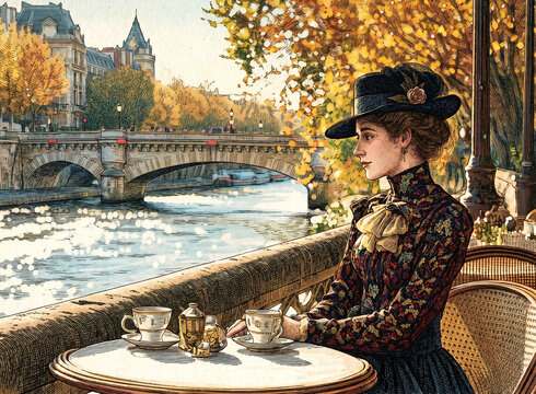 engraving of young happy elegantly dressed woman at riverfront cafe in Paris in the year 1900