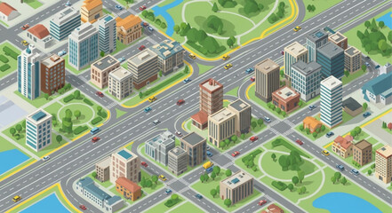 Isometric Cityscape with Buildings Roads and Green Spaces. © Ropu