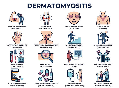 Dermatomyositis Symptoms, Diagnosis, and Treatment Infographic with Medical Icons