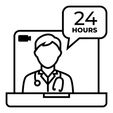 Online Doctor Consultation Available 24 Hours Icon, video call symbol, and twenty four hours support speech bubble isolated on background.