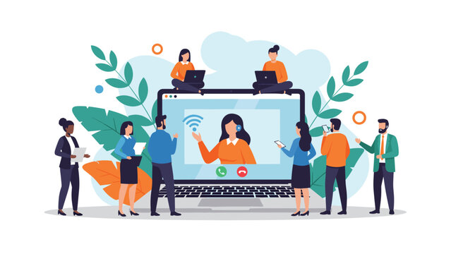 Group of business people standing around a large laptop during a collaborative video conference call with a female presenter.