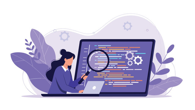 Professional woman examining complex computer code on a large laptop screen with a magnifying glass for software bug testing.