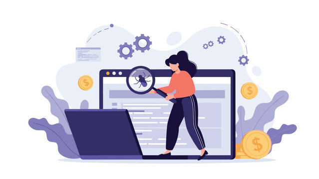 Female developer using a magnifying glass to detect a software bug on a computer monitor surrounded by gold coins and gears.