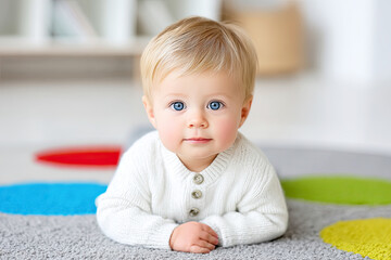 Fototapeta premium Sweet Gaze of Innocence: A cherubic baby boy with striking blue eyes, dressed in a cozy white sweater, gazes serenely, captured in a moment of pure infancy.