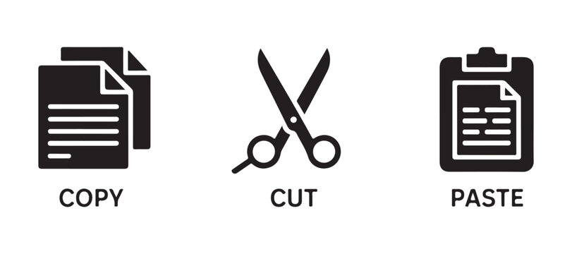 Minimalist vector set of copy cut paste icons with black document scissors and clipboard on grey background.