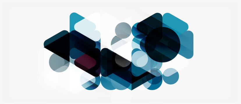 Abstract composition. Overlapping geometric shapes, blues, grays, whites create dynamic visual texture. Minimalist design, modern aesthetic.