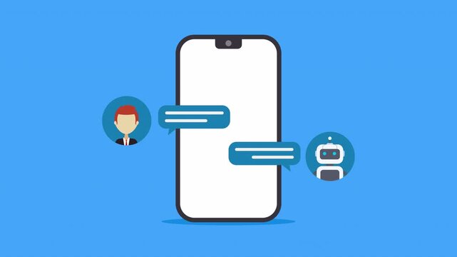 Searching for information by querying robots . AI automatic answering system. Ai chatbot conversation on mobile phone for customer support. 2d animation.