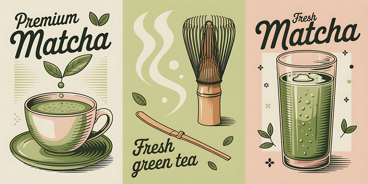 Set of three vintage-style matcha tea illustrations featuring hot tea, iced tea, and tea-making tools.