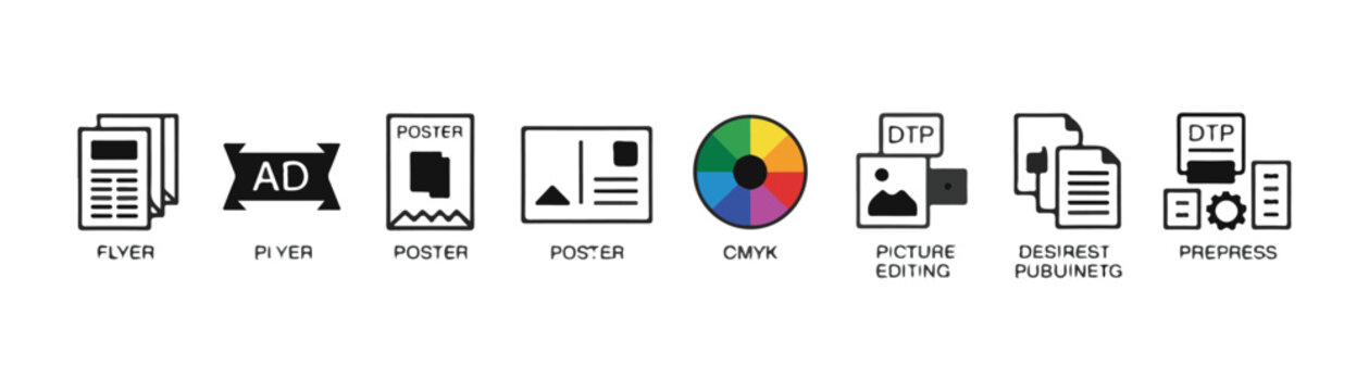 Print marketing vector icon collection with flyer poster cmyk wheel picture editing and prepress typography.