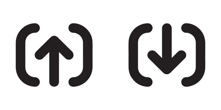 Rounded black upload and download icons for mobile application interface and digital file management systems.