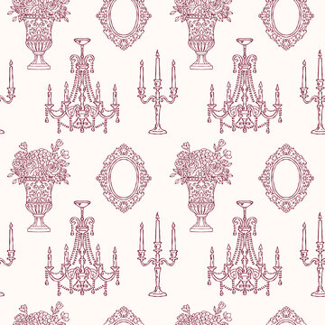 Rococo seamless vector pattern with candelabras, chandelier, candles, floral vase and mirror in elegant hand drawn vintage baroque interior design