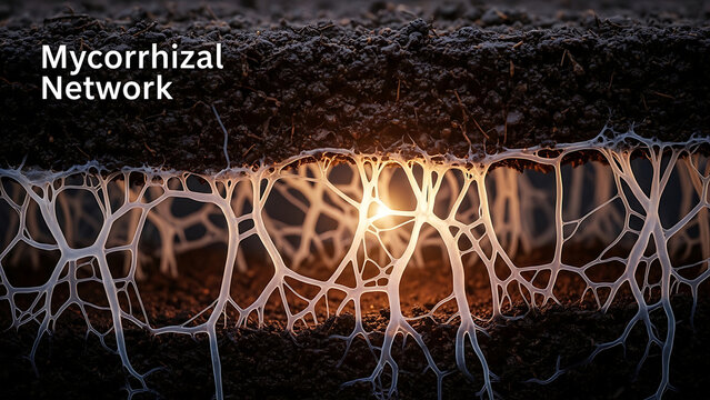 Glowing mycorrhizal network spreads through dark soil with fungi and roots intertwined underground.