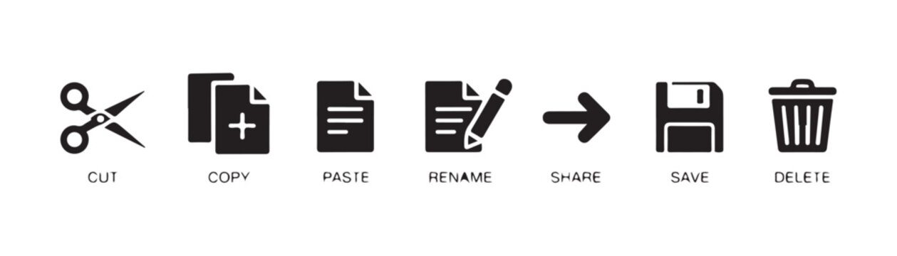 Comprehensive vector icon set for document and file actions: cut, copy, paste, rename, share, save, delete.