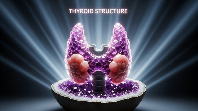 The thyroid gland structure with lobes and isthmus is illuminated on a dark background with beams of light.