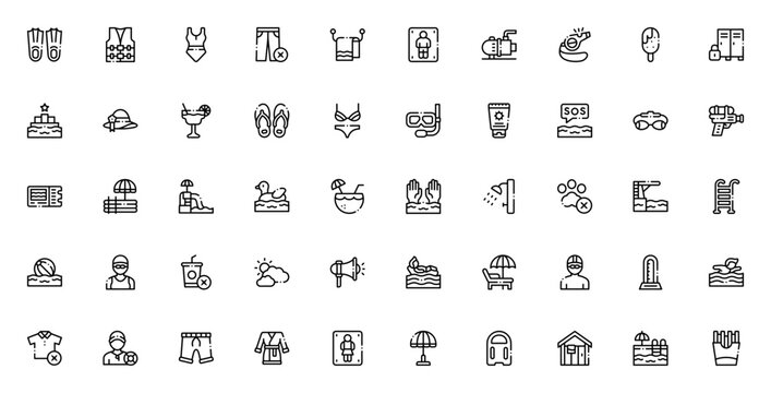 Swimming pool icon set. Minimal vector collection. Includes flippers, life jacket, swimsuit, towel, locker, bikini, sun block, water slide, float, diving platform, ball, lifeguard, and more.