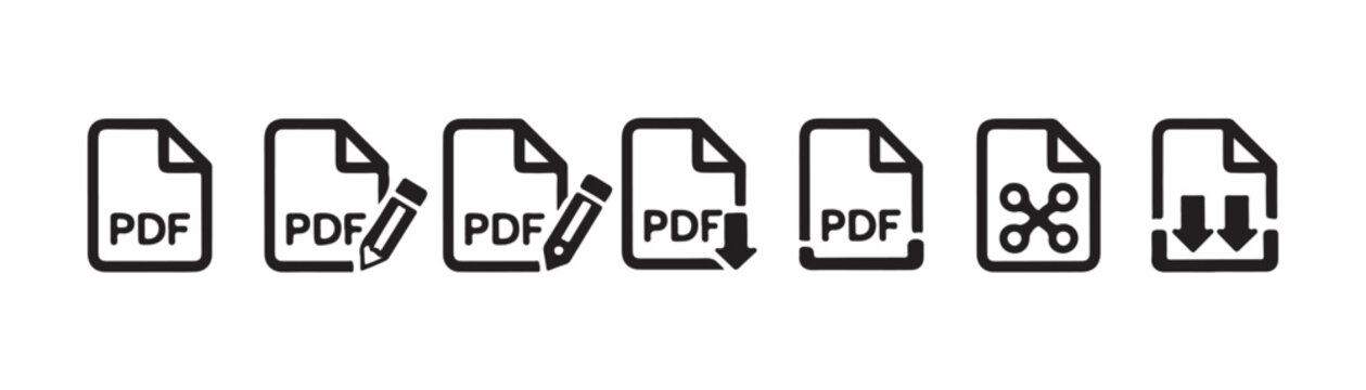 Pdf file format icons collection for document management editing sharing and downloading digital information.