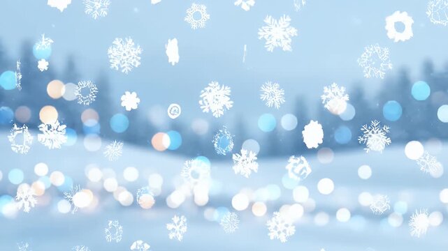 Snowflake Falling on Snowy Landscape Background with Bokeh Lights Winter Holiday Celebration Festive Animation