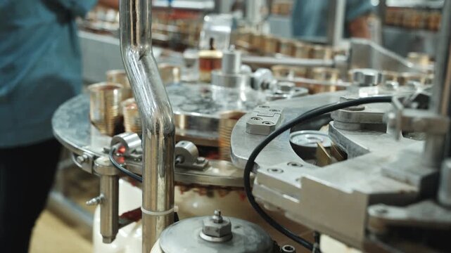 Close-up, automated conveyor belt machine with sardine fish in tomato sauce, filling in can, prepared for instant food production industry, sterile hygiene warehouse, manufacturing factory process.