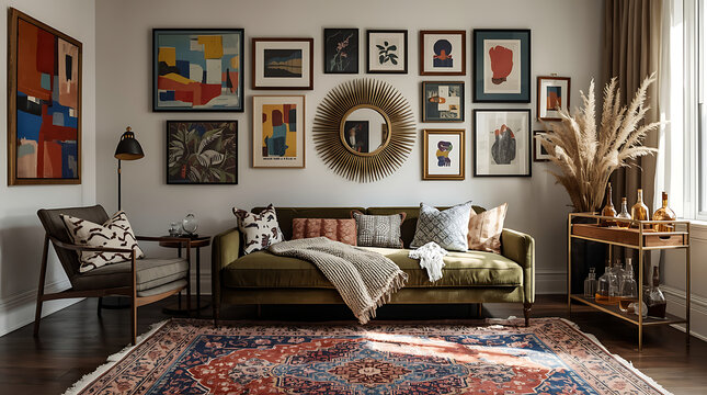 Maximalist Living Room with Eclectic Gallery Wall and Sofa
