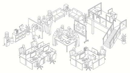 Obraz premium Isometric line drawing of a bustling modern office environment with people working, collaborating, and meeting in various open-plan and communal spaces.