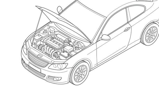 Line drawing of a car with its hood open, showing the engine compartment.