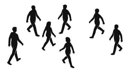Obraz premium Seven black silhouettes of people walking in various directions on a white background, representing movement and human presence.