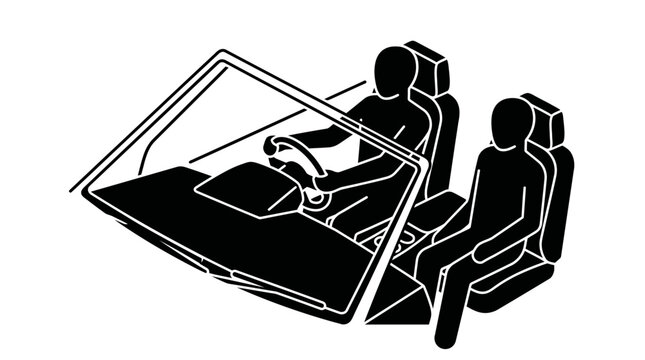 Schematic black and white illustration of two people inside a car, with one driving and the other in the passenger seat, showing the interior layout.
