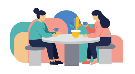 Fototapeta premium Two women sit across from each other at a round table, enjoying hot drinks in a colorful, modern cafe setting with abstract background shapes.
