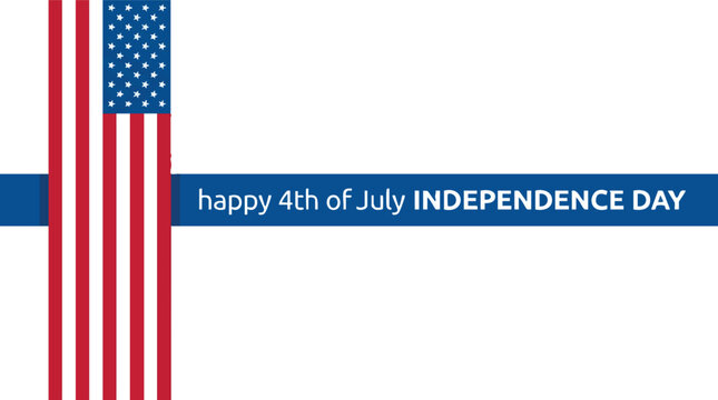 Happy 4th of July Independence Day greeting card featuring a stylized vertical American flag and a blue ribbon banner on a white background.