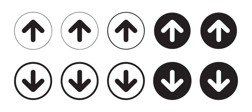 Set of up and down arrow icons in circles, black and white, various styles, on transparent background for apps.