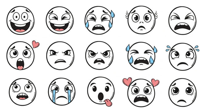Collection of Hand Drawn Emoji Faces Expressing Various Emotions.