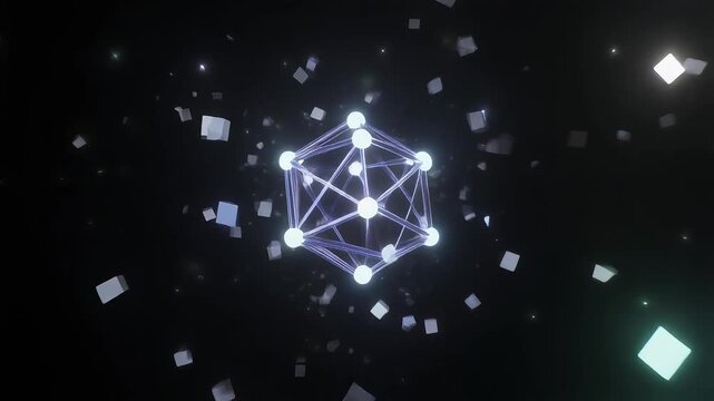 stylized 3d rotating qubit lattice technology logo animation