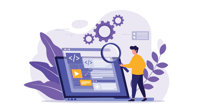 Software developer analyzing code and website performance using a magnifying glass with gears representing optimization and bug fixing.