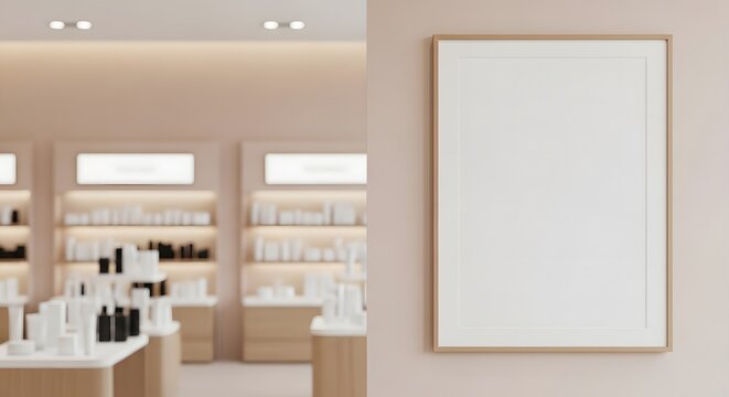 Empty light wooden poster frame mockup hanging on a light pink wall next to a blurred retail display of cosmetic products.