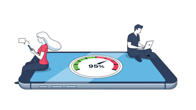Man and woman using a laptop and phone while sitting on a large smartphone displaying a ninety-five percent loading progress bar.